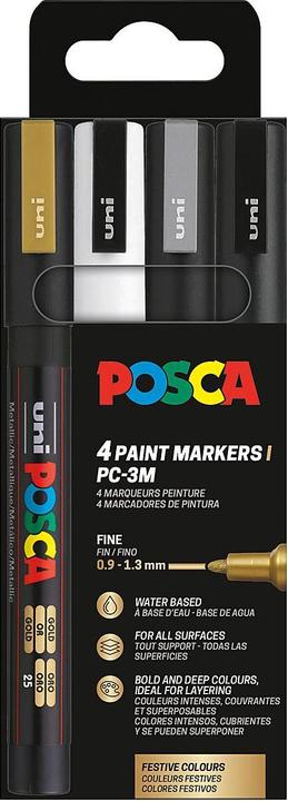 Actual product image Posca Uni PC-3M (White, Silver, Gold, Black, 1.30 mm, 4 x)