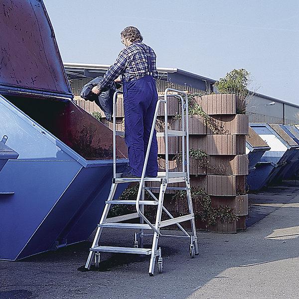 Image du produit Munk Escalier à palier accessible d'un côté avec roulettes à ressort Aluminium strié 4 marches (Échelle à plate-forme, 141 cm)