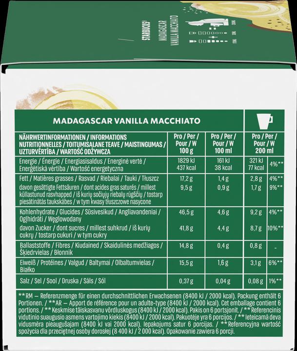 Valeurs nutritives et ingrédients Starbucks Vanilla Macchiato by Nescafé Dolce Gusto (6 x Port.)
