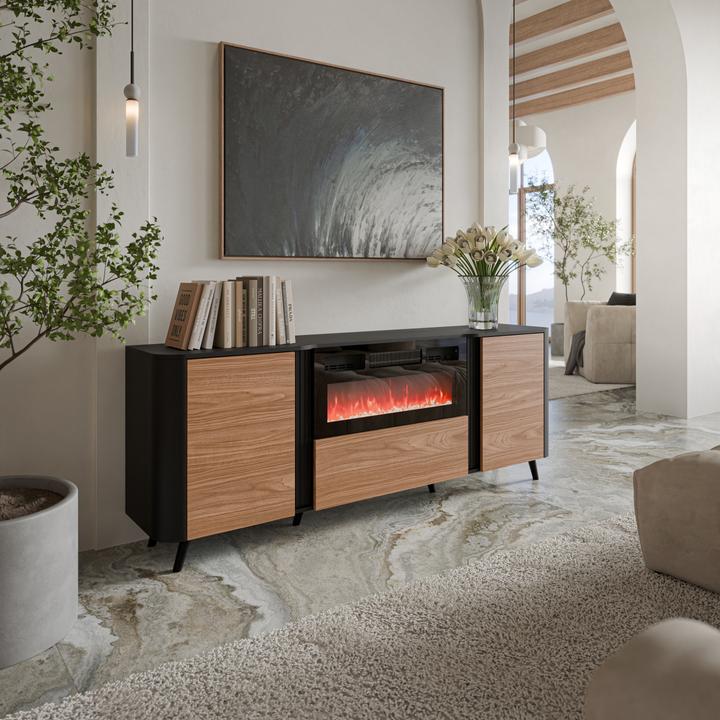 Actual product image Cama Volare chest of drawers 200 x 39 x 75 cm black/walnut + fireplace (200 x 39 x 75 cm)