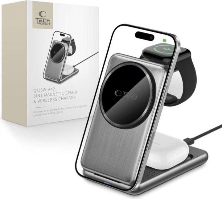 Produktbild Tech-Protect Dock station Universal QI15W-A42 3IN1 MAGNETIC MAGSAFE WIRELESS CHARGER Space Gray