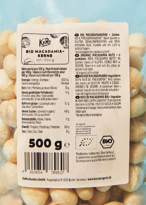 Nutritional values and ingredients KoRo Organic macadamia seeds (500 g)