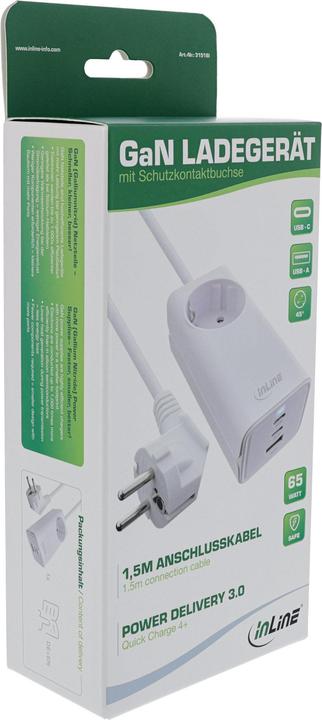 Produktbild InLine USB Netzteil, 65W Ladegerät, 2x USB-C + 1x USB-A, mit Schutzkontaktbuchse und 1,5m Kabel, PD (65 W)