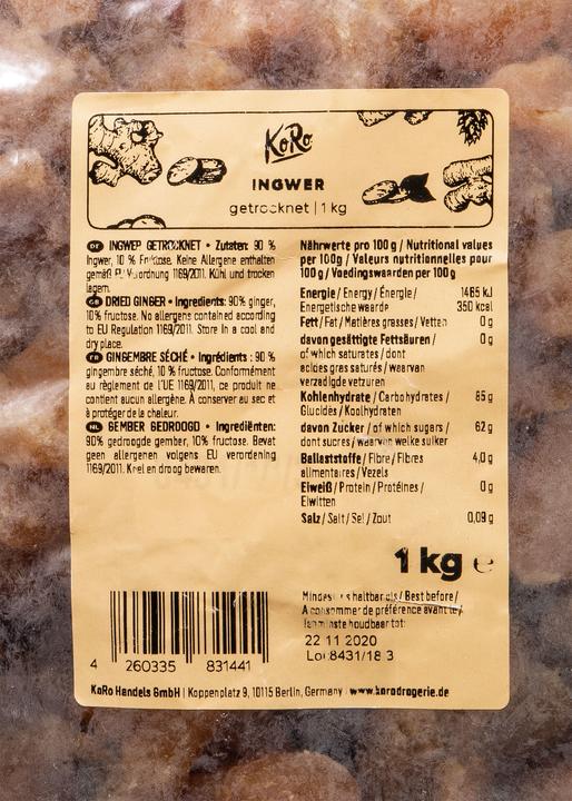 Valeurs nutritives et ingrédients KoRo Morceaux de gingembre séchés, sucrés & non sulfurés (1000 g)