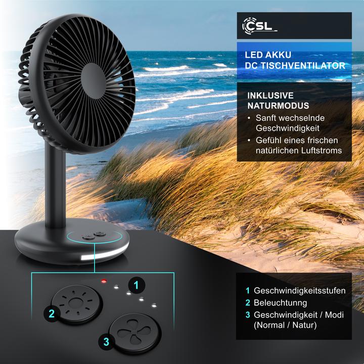 Produktbild CSL Akku Tischventilator, USB Mini Desk Fan, Schreibtischventilator, sehr leise, neigbar, mobiler Lüfter (46.50 dB)