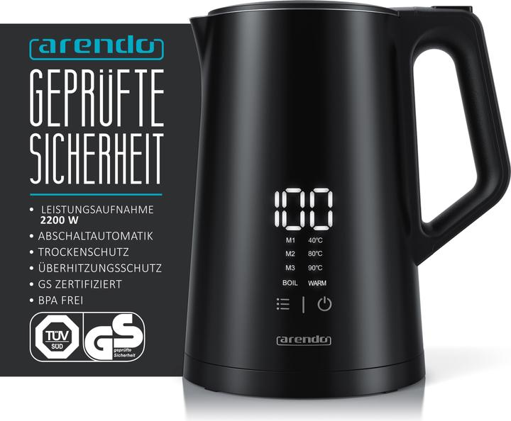 Produktbild Arendo Wasserkocher 1,5 l, 2200 W, Edelstahl, Display, Warmhaltefunktion, Temperatureinstellung 40° - 100° (1.50 l)