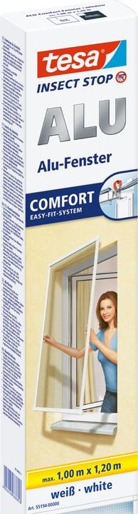 Produktbild tesa Insektenschutz Alu COMFORT für Fenster, mit Rahmen aus Aluminium, ohne Bohren (100 x 120 cm)