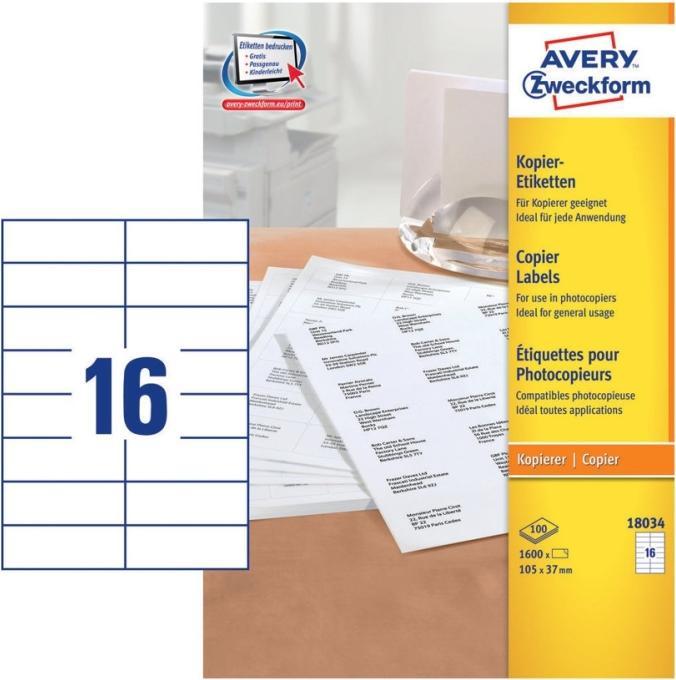 Produktbild Avery Kopieretiketten - Permanent klaebemiddel - hvid - 37 x 105 mm 1600 etikette(r) (100 ark x 16) a