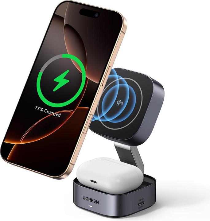 Actual product image Ugreen W702 3in1 inductive charger with MagSafe / Qi2 and USB-C port for phone / headphones - black (15 W)