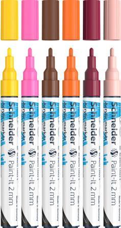 Immagine prodotto Schneider Matite acriliche Paint-It (set di 3 matite con punta da 2 mm, colori acrilici altamente coprenti (Pink, Giallo, Marrone, Albicocca, Borgogna, Arancia, 2 mm, 6 x)