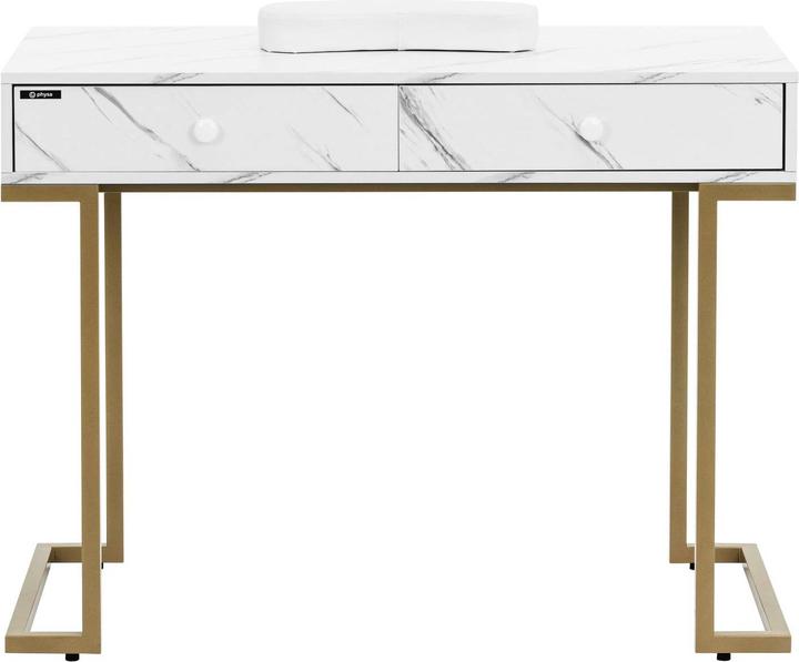 Image du produit Physa Table de manucure - Cadre en fer - Marbré / Doré - 2 tiroirs - Tablette pour les mains