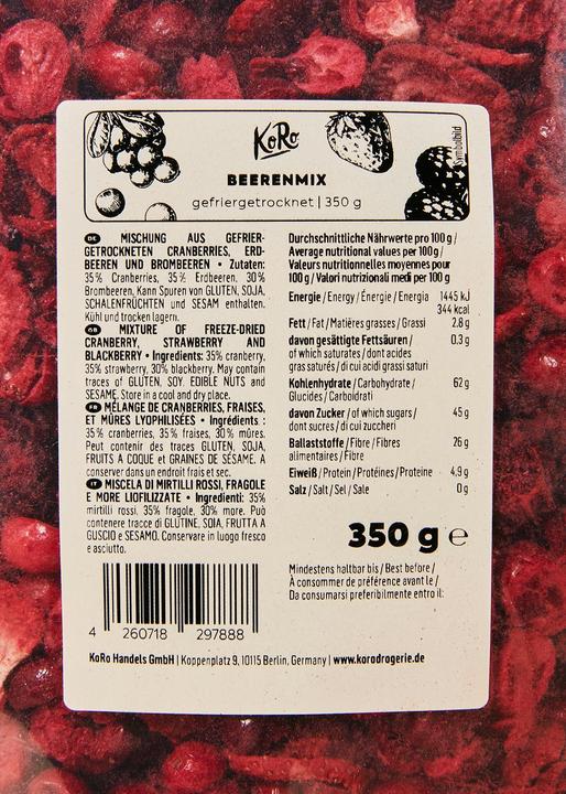 Nährwerte und Zutaten KoRo Beeren Mix (350 g)
