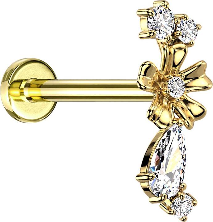 Image du produit Star Piercing Micro Labret femelle doré fleur quatre cristaux et bouchon de cristal argenté (Acier chirurgical 316L, Laiton)