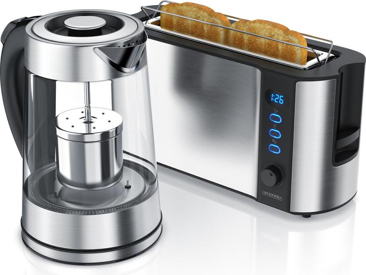 Actual product image Arendo Breakfast set, glass kettle 1.7l with tea strainer & 2-slice long slot toaster, stainless steel (1.70 l)