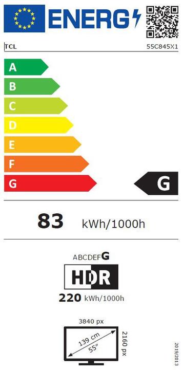 Etichetta energetica TCL Serie C84 4K Mini LED 55" 55C845 144Hz Google TV (55", QLED, 4K, 2023)