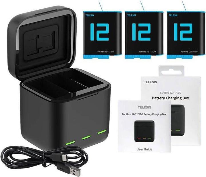 Telesin Three-channel box charger + 3 batteries (GoPro Hero 9, GoPro Hero 11, GoPro Hero 10, GoPro Hero 12)