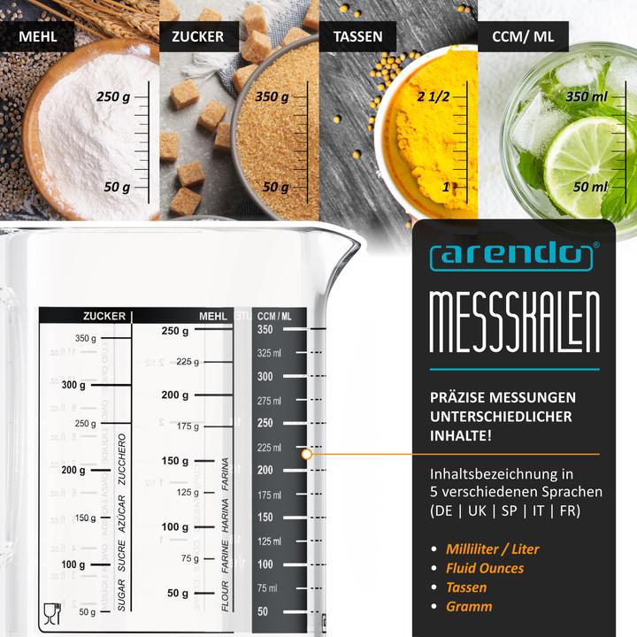 Produktbild Arendo Messbecher 350 ML aus Glas, 0,35 L, luftdicht, Bambusdeckel, Silikondichtung für Mehl, Zucker uvm. (350 ml)