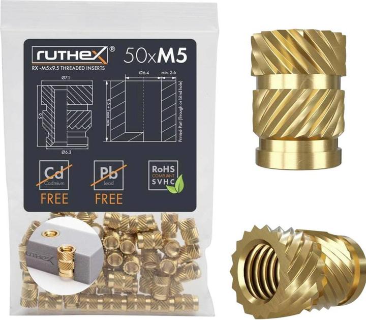 Immagine prodotto Ruthex M5 Gewindeeinsatz - 50 Stück RX-M5x9.5 Gewindebuchsen aus Messing