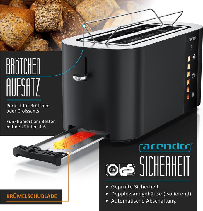 Immagine prodotto Arendo Toaster Edelstahl 4 Scheiben Langschlitz, Restzeit & Bräunungsgradanzeige, Touch Display, 1500 W (Spina UE)