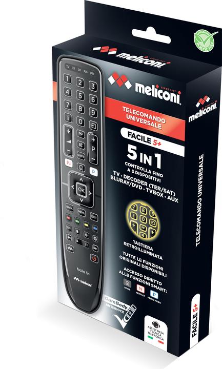 Immagine prodotto Meliconi Gumbody Facile 5+ telecomando DVD/Blu-ray, Sistema audio domestico, Sistema Home cinema, Sk (Telecomando universale)
