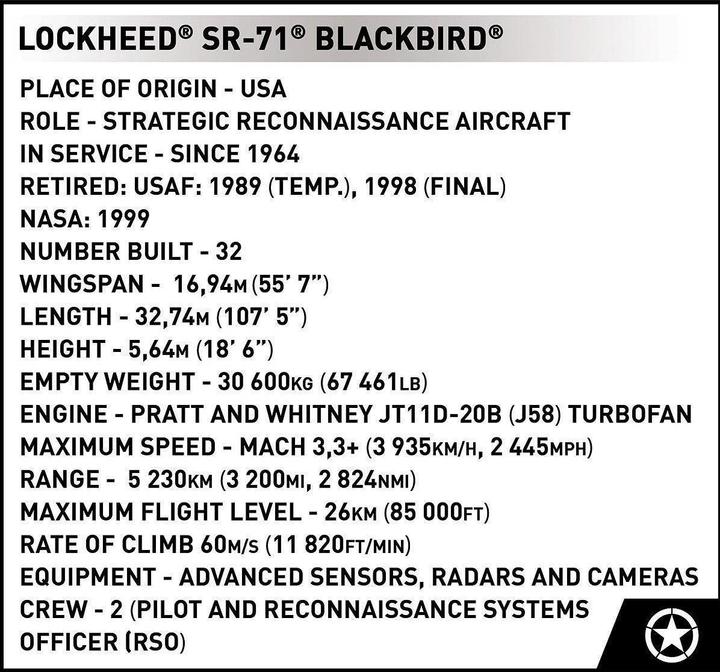 Nährwerte und Zutaten Cobi Lockheed SR-71 Blackbird US Military Aircraft