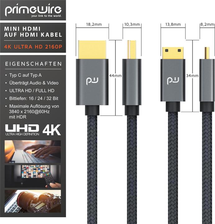 Actual product image Primewire Mini HDMI to HDMI cable, Type C to Type A, 4K miniHDMI adapter cable 3840 x 2160 @ 60 Hz, HDR, ARC (2 m, HDMI)