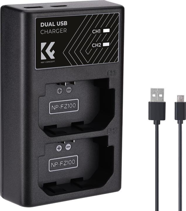 Produktbild K&F Concept FZ100 Digital Camera LED Dual Channel Charger with Type C Charging Cable (Kamera Akku Ladegerät)