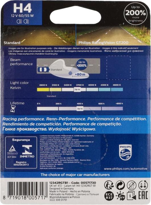 Produktbild Philips Halogen Leuchtmittel Scheinwerferlampe H4 Racing GT200 (H4)
