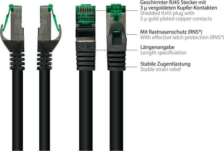 Image du produit Kabelmeister Câble patch avec protection d'encliquetage, Outdoor (IP66), Cat.6A, S/FTP, PiMF, 500MHz, CU, noir, (S/FTP, CAT6a, 100 m)
