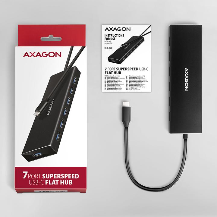 Produktbild Axagon HUE-F7A 7x USB 3.2 Gen 1 Aluminium Flat Hub, 30 cm USB-C-Kabel (USB-C, 7 Ports)