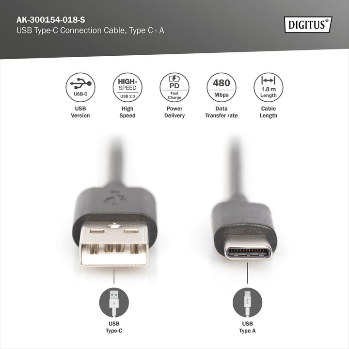 Produktbild Digitus USB C – USB A (1.80 m, USB 2.0)