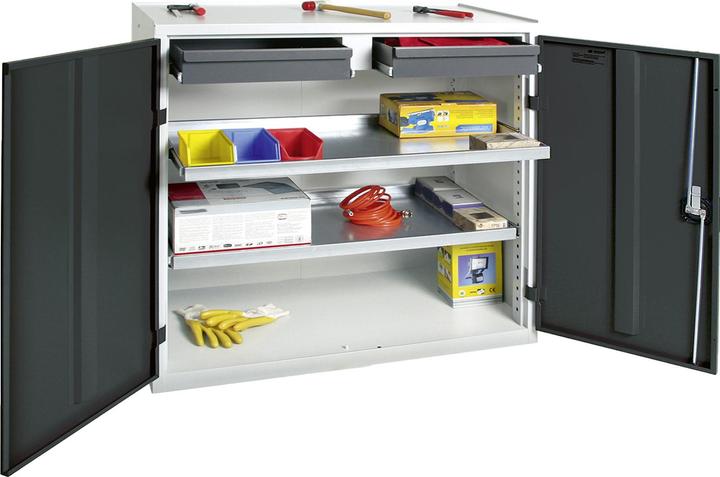 Actual product image Tool/storage cupboard H1000xW1000xD500 mm 2 drawers, 2 shelves light grey/anthracite grey (80 cm, 115 cm)