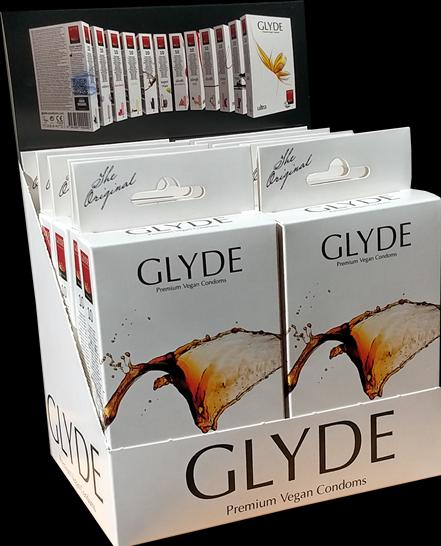 Actual product image Glyde Ultra Cola black vegan condoms, cola flavour, 53mm, 10x10 (100 pcs.)