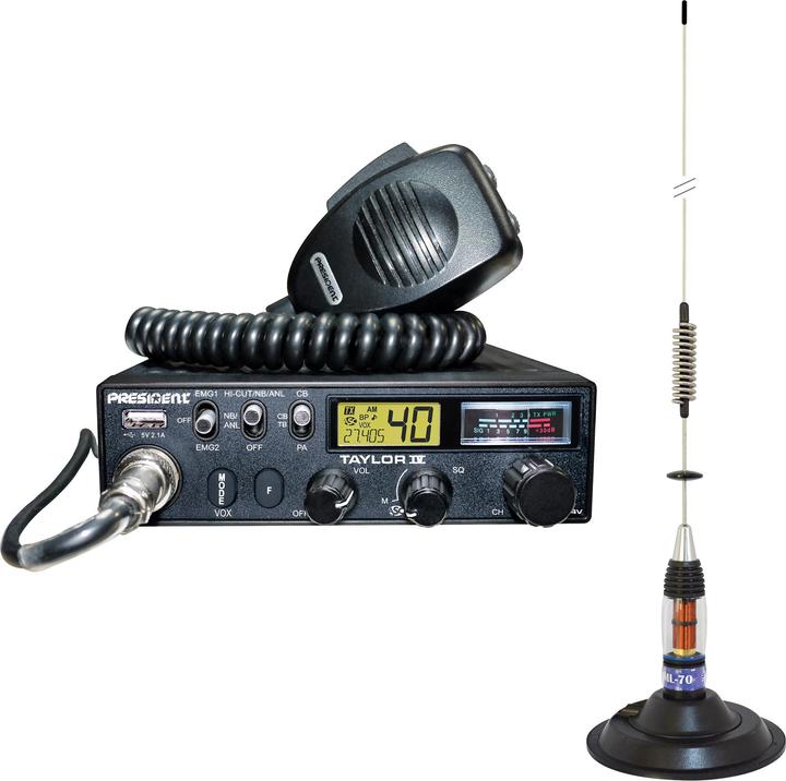 Produktbild PNI President TAYLOR IV ASC CB-Funkpaket + ML70 CB-Antenne, Länge 70 cm, 26–30 MHz, 200 W