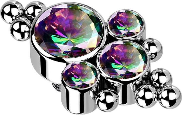 Image du produit Star Piercing Dermal Anchor argent huit boules et quatre cristaux multicolores foncés (Titane G23, sans laiton)