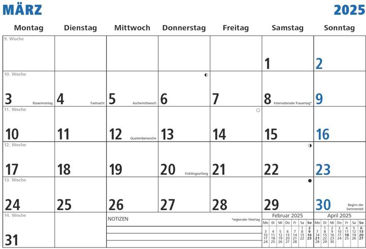 Valeurs nutritives et ingrédients Agenda mensuel 2025 blanc,29,7x21cm, calendrier de bureau avec 1 mois sur 1 page (Non contraignant, Allemand)
