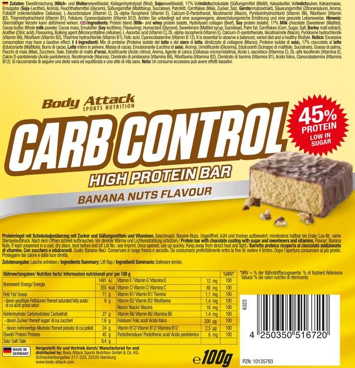 Valori nutrizionali e ingredienti Body Attack Carb Control (15 barrette da 100 g) (Dado Crema Torrone, 15 pz., 1500 g)