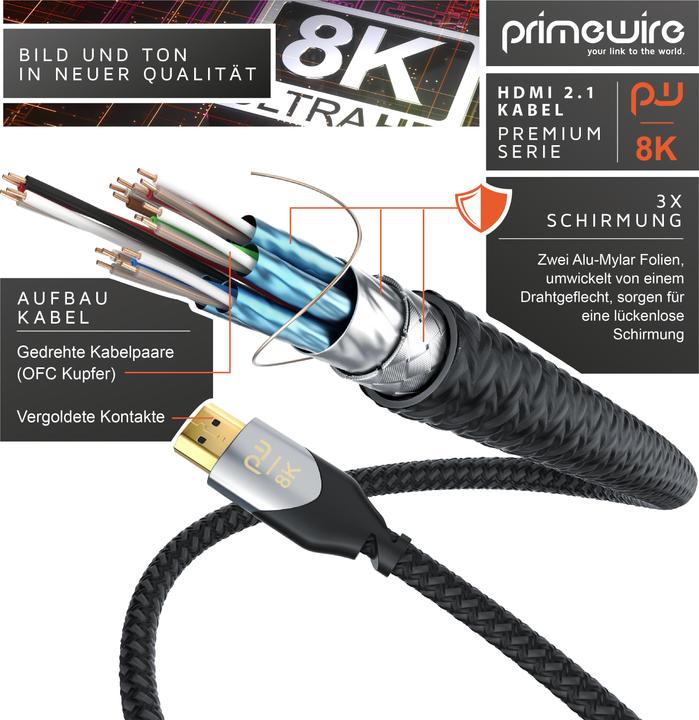 Actual product image Primewire HDMI Cable 2.1, Type A, UHD, Ethernet, 8K 7680 x 4320 @ 120 Hz, 4k @ 240 Hz, 3D TV, eARC, HDR10+ (1.50 m, HDMI)