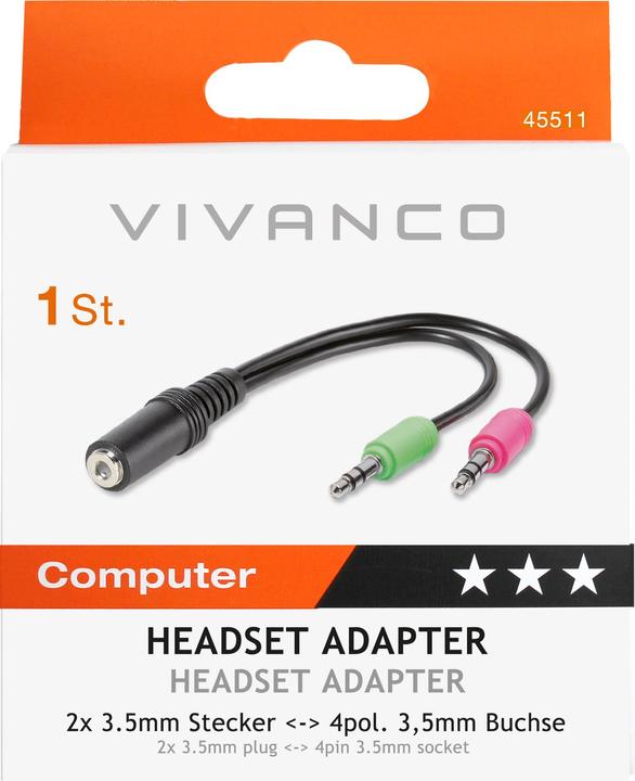 Produktbild Vivanco Kopfhoerer, Headset Adapter 4polig. 3,5mm Buchse <-> 2x 3,5mm Stecker stereo (Headset-Adapter)