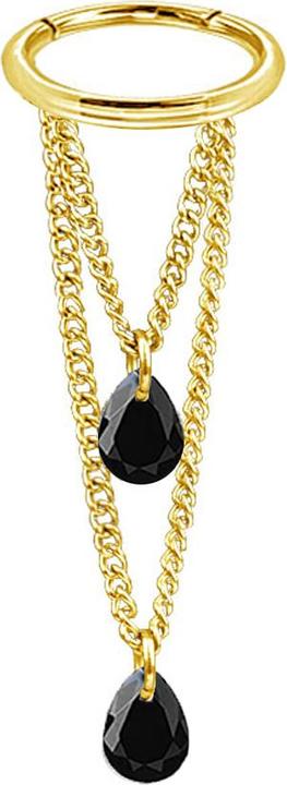 Produktbild Star Piercing Micro Segmentring klappbar vergoldet Anhänger waagerecht zwei Ketten zwei Ovale Kristalle schwarz (Chirurgenstahl 316L)