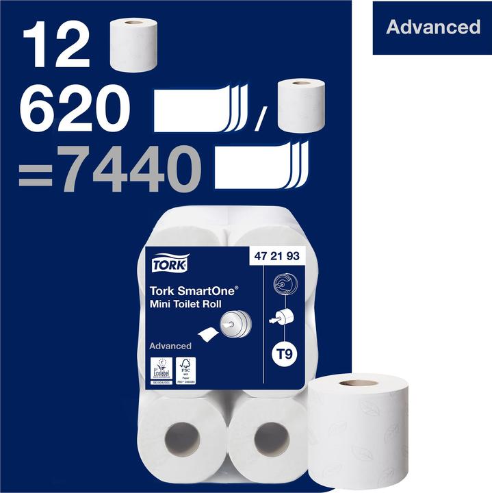 Image du produit Tork 472193 Papier hygiénique Lotus SmartOne mini tissue blanc 620 feuilles # 297492, 12 rouleaux/boîte (12 x)