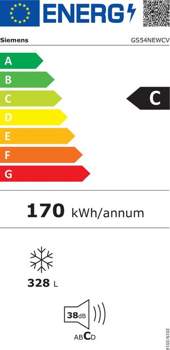 Energy Label Siemens iQ500, Free-standing freezer, 176 x 70 cm, White, GS54NEWCV (Stand-alone, 328 l)