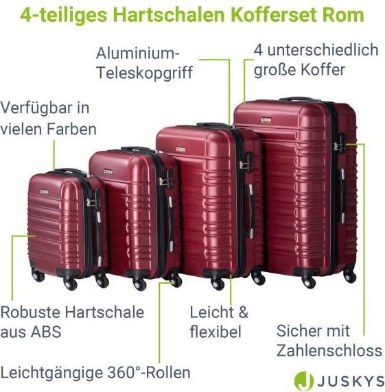 Produktbild Juskys Hartschalen Kofferset Rom (120 l, Handgepäck (bis 50l), M (50 - 90l), L (90 - 115l), XL (ab 115l))