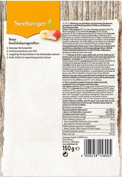 Nutritional values and ingredients Seeberger trail mix (150 g)