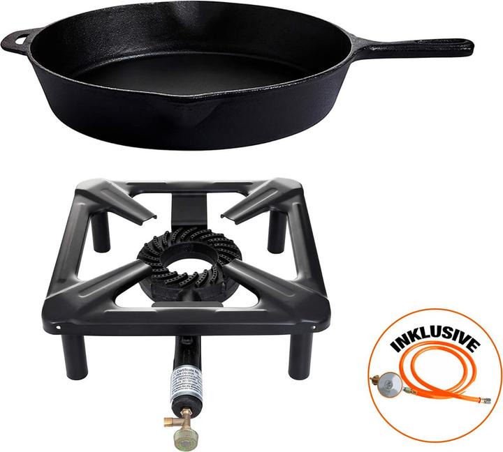 All'Grill Set da cucina a sgabello (piccolo) con padella in ghisa Ø 39 cm incl. tubo del gas e regolatore (Pentola, Ghisa)