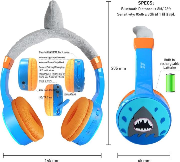 Image du produit PhoneLook Casque cool sans fil Bluetooth 5.3 pour enfants avec volume atténué 85dB et design amusant Shark