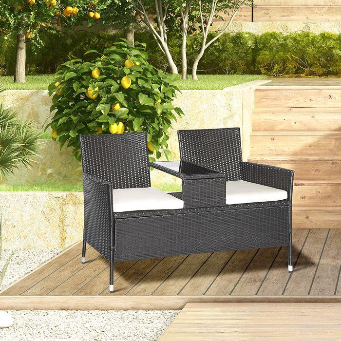 Image du produit Swisshandel24 Banc de jardin en poly rotin Canapé de jardin Banc avec table 2 places Acier noir L133xP63xH84cm
