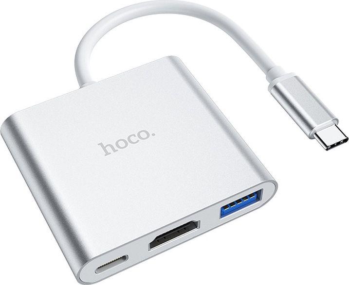 Hoco Adapteris HB14 Type-C to USB-A+HDMI+Type-C sidabrinis (USB-C, 3 Ports)