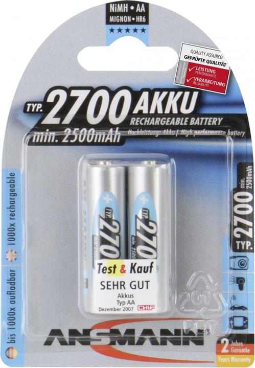 Ansmann 1x2 Akku 2700 Mignon AA 2500 mAh (1 Stk., AA, 2700 mAh)