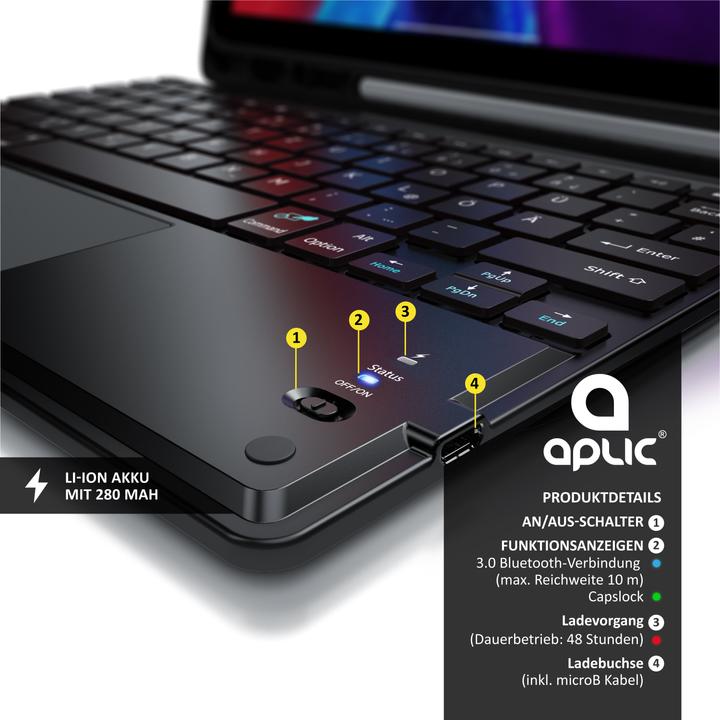 Produktbild Aplic Bluetooth Tablet Tastatur für iPad Pro 12,9 Zoll Gen 3 + 4, 280 mAh Akku, Keyboard mit Case (DE)